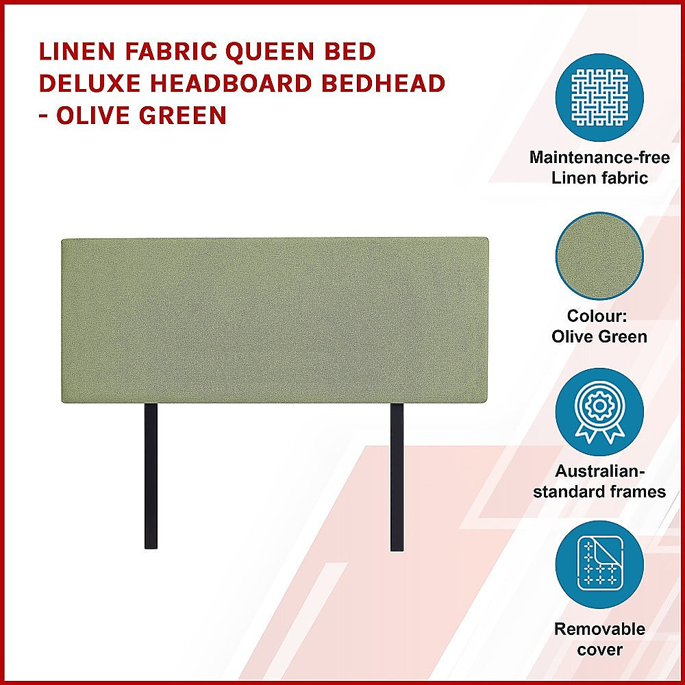 Linen Fabric Queen Bed Deluxe Headboard Bedhead - Olive Green - Cosy Abode