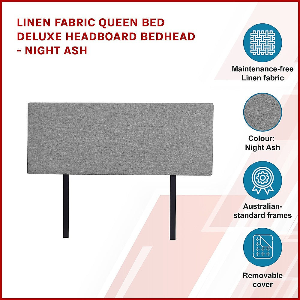 Linen Fabric Queen Bed Deluxe Headboard Bedhead - Night Ash - Cosy Abode