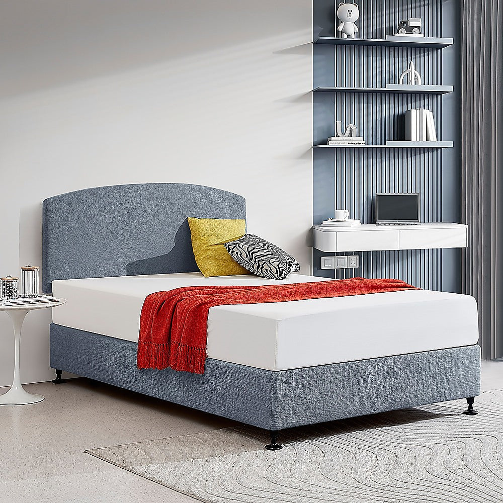 Linen Fabric Double Bed Curved Headboard Bedhead - Berlin Blue - Cosy Abode