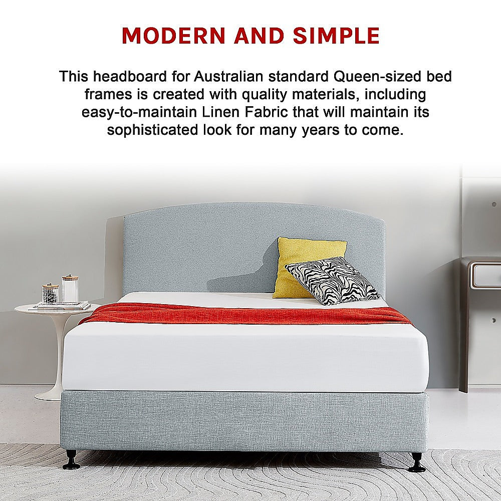 Linen Fabric Queen Bed Curved Headboard Bedhead - Stone Grey - Cosy Abode
