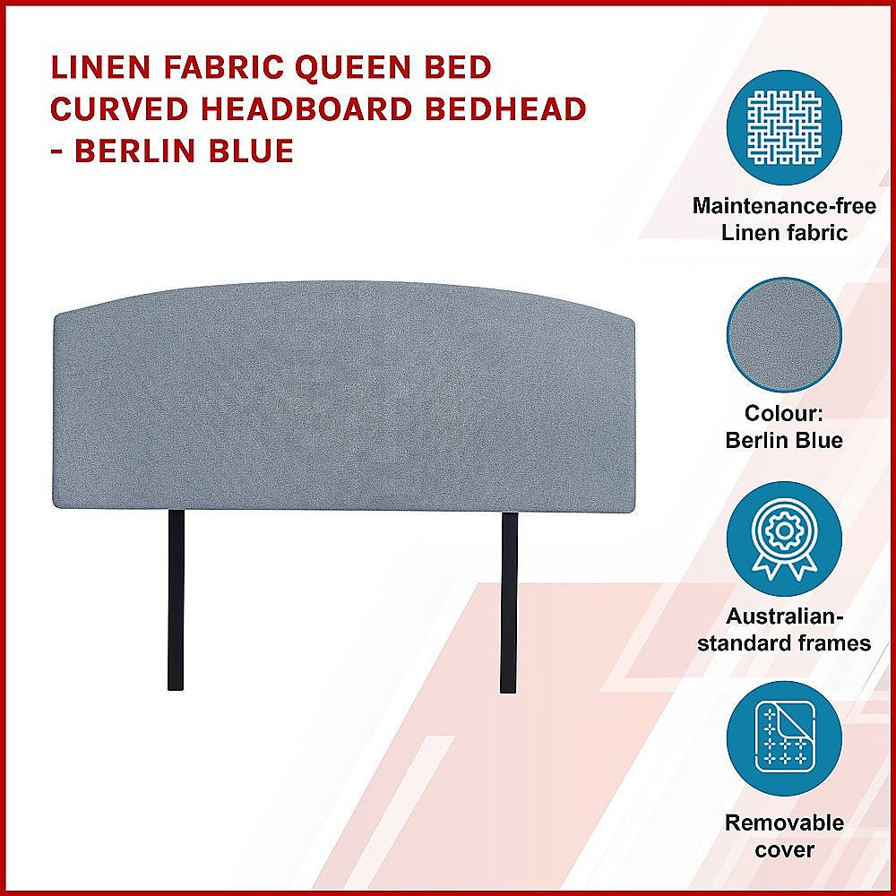Linen Fabric Queen Bed Curved Headboard Bedhead - Berlin Blue - Cosy Abode
