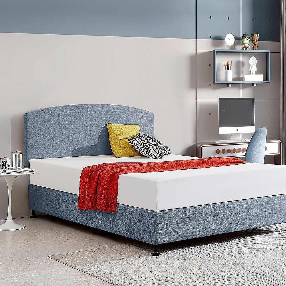 Linen Fabric Queen Bed Curved Headboard Bedhead - Berlin Blue - Cosy Abode