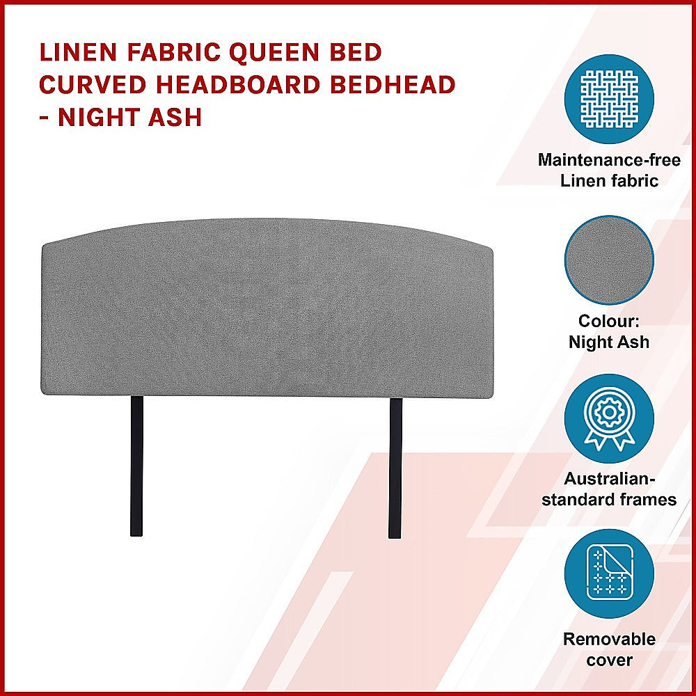 Linen Fabric Queen Bed Curved Headboard Bedhead - Night Ash - Cosy Abode