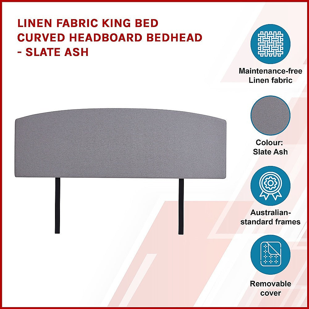 Linen Fabric King Bed Curved Headboard Bedhead - Slate Ash - Cosy Abode