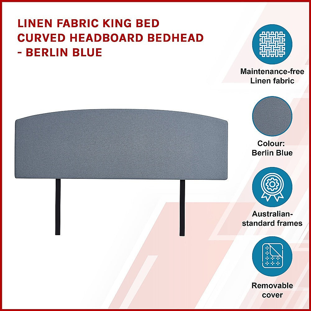 Linen Fabric King Bed Curved Headboard Bedhead - Berlin Blue - Cosy Abode