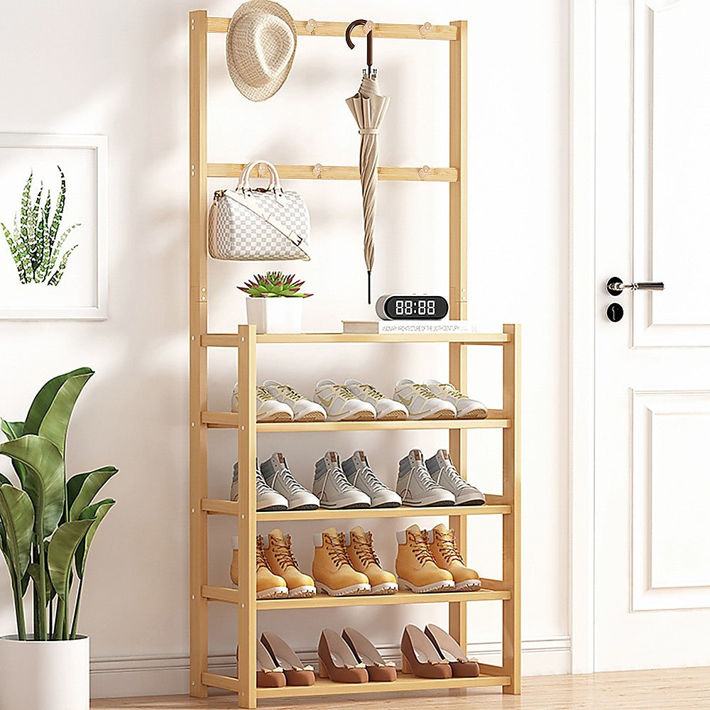 Large Wooden 5 Tiers Hat Coat Stand Clothes Shoe Rack Hanger Hooks Shelf Storage - Cosy Abode