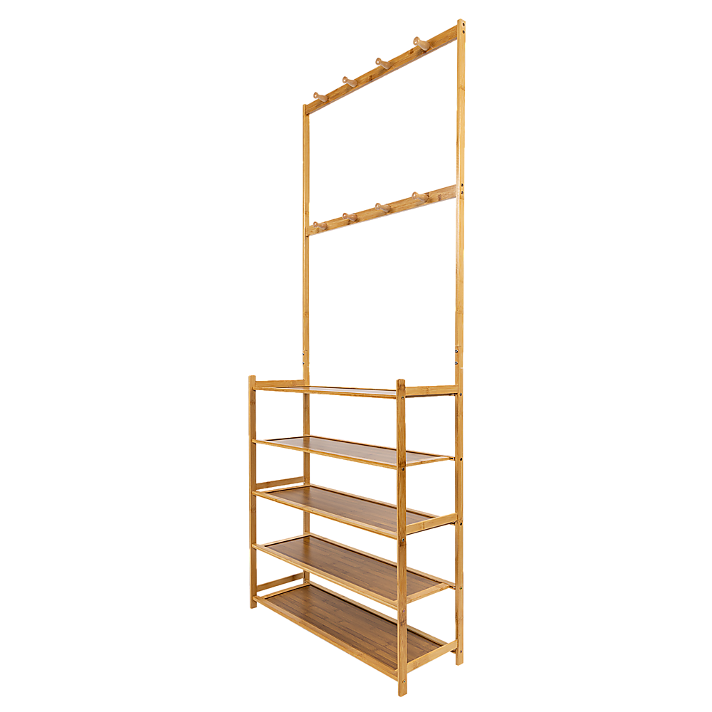 Large Wooden 5 Tiers Hat Coat Stand Clothes Shoe Rack Hanger Hooks Shelf Storage - Cosy Abode