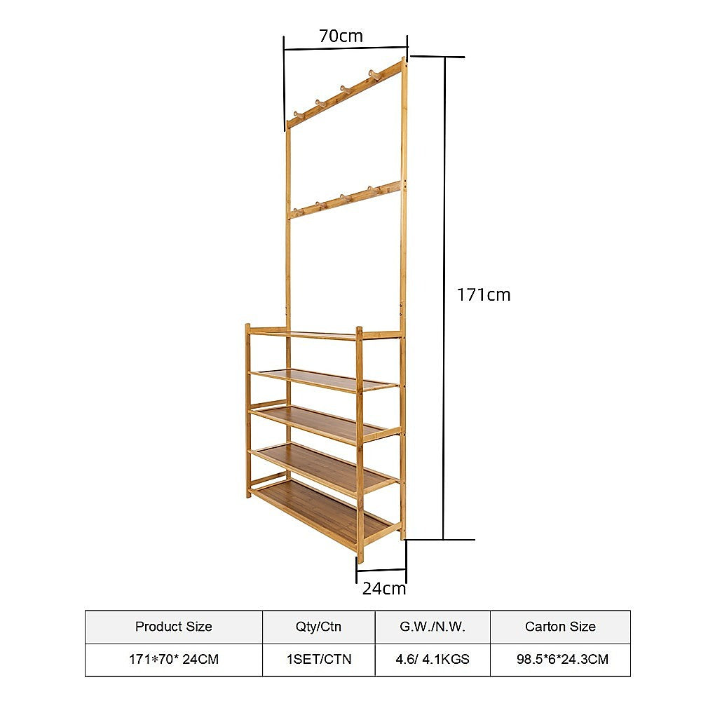 Large Wooden 5 Tiers Hat Coat Stand Clothes Shoe Rack Hanger Hooks Shelf Storage - Cosy Abode