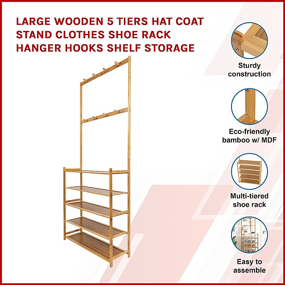 Large Wooden 5 Tiers Hat Coat Stand Clothes Shoe Rack Hanger Hooks Shelf Storage - Cosy Abode