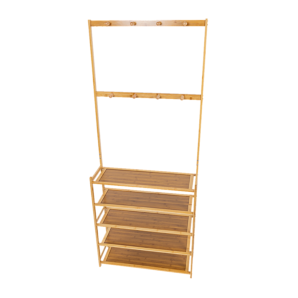 Large Wooden 5 Tiers Hat Coat Stand Clothes Shoe Rack Hanger Hooks Shelf Storage - Cosy Abode