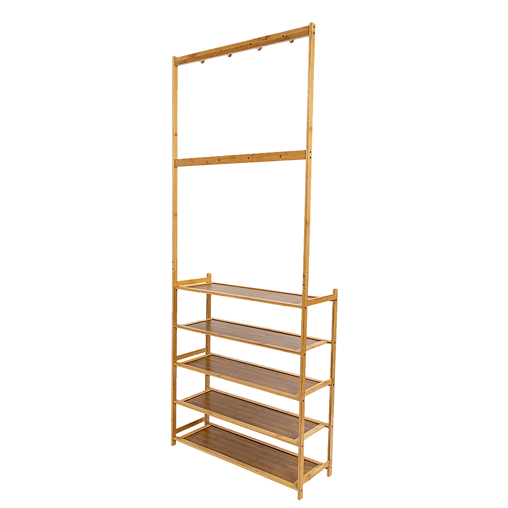 Large Wooden 5 Tiers Hat Coat Stand Clothes Shoe Rack Hanger Hooks Shelf Storage - Cosy Abode
