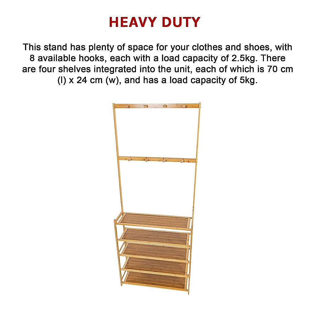 Large Wooden 5 Tiers Hat Coat Stand Clothes Shoe Rack Hanger Hooks Shelf Storage - Cosy Abode