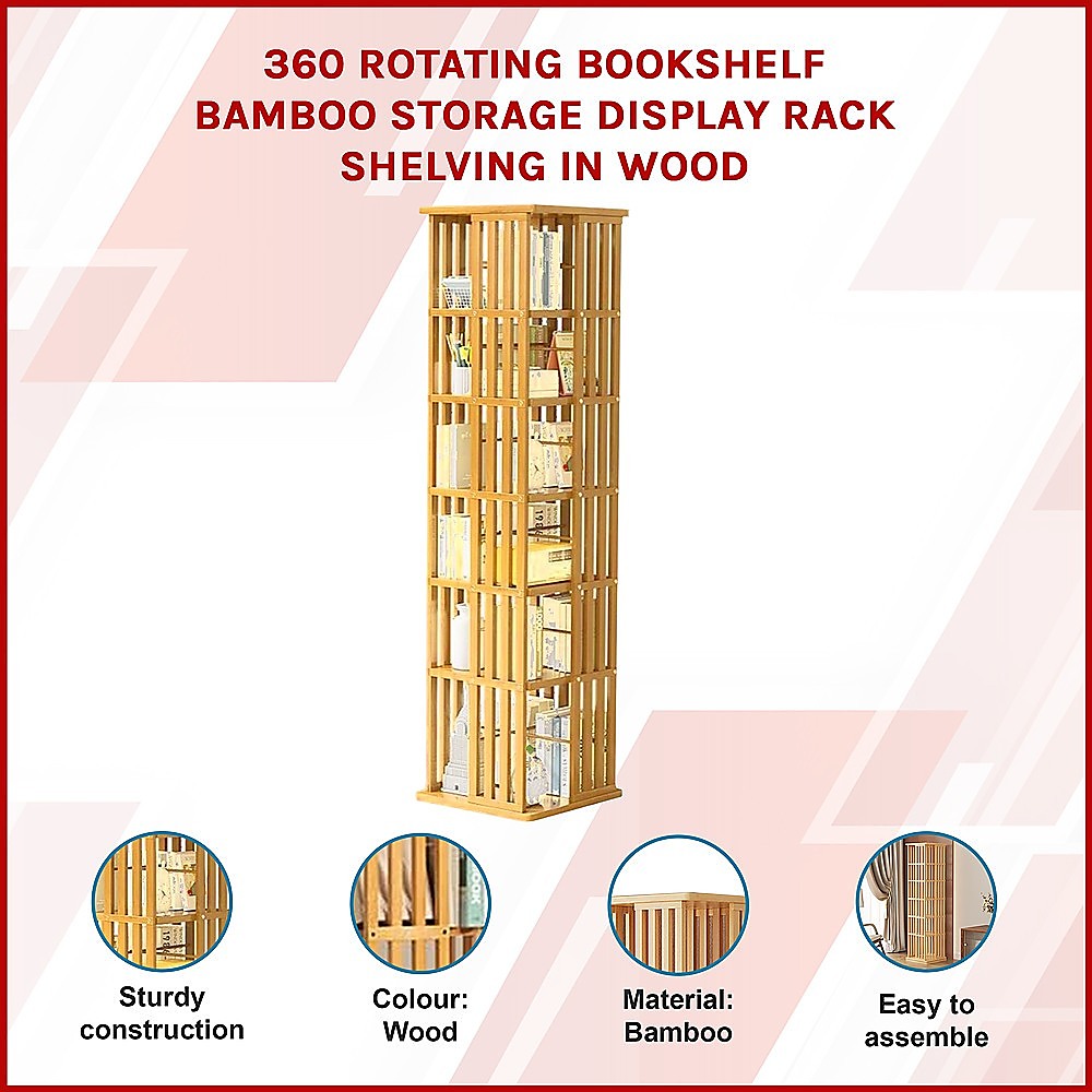 Rotating Bookshelf 360 degree Bamboo Storage Display Rack - Light - Cosy Abode