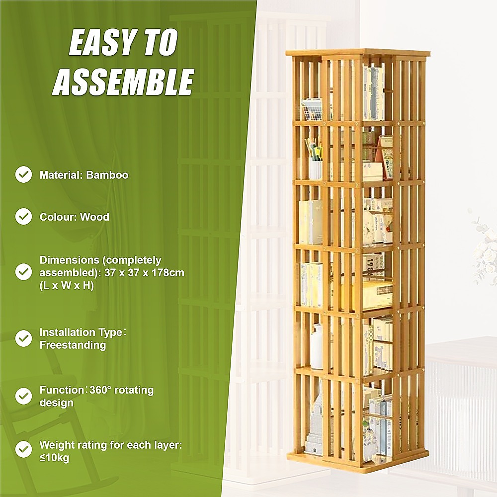 Rotating Bookshelf 360 degree Bamboo Storage Display Rack - Light - Cosy Abode