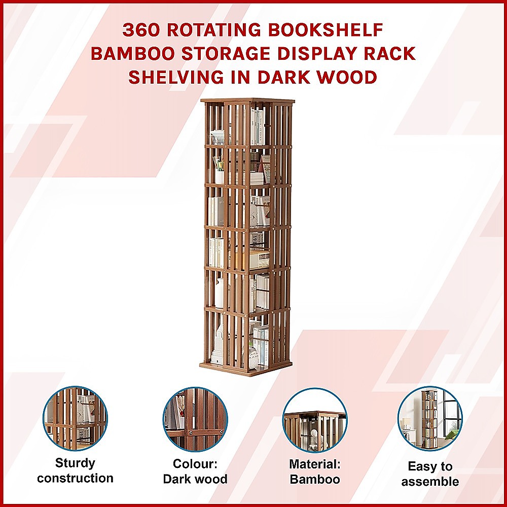 Rotating Bookshelf 360 degree Bamboo Storage Display Rack - Dark - Cosy Abode