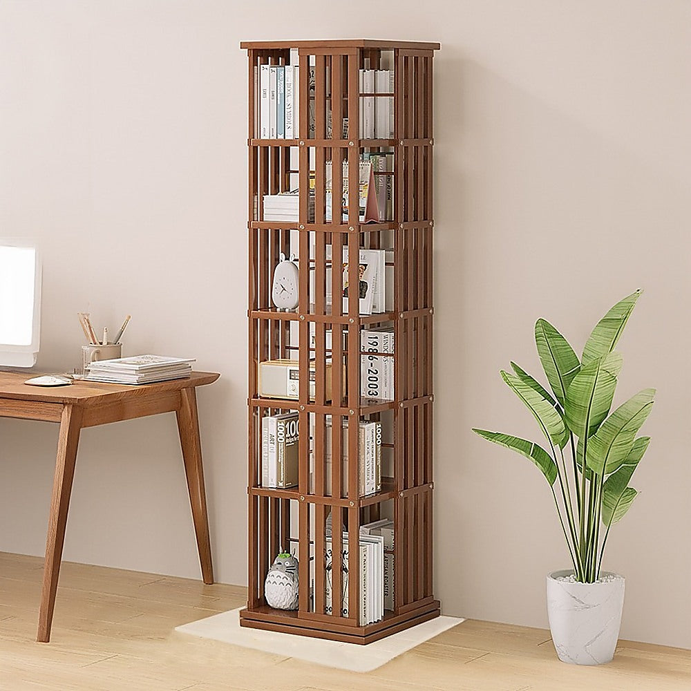 Rotating Bookshelf 360 degree Bamboo Storage Display Rack - Dark - Cosy Abode