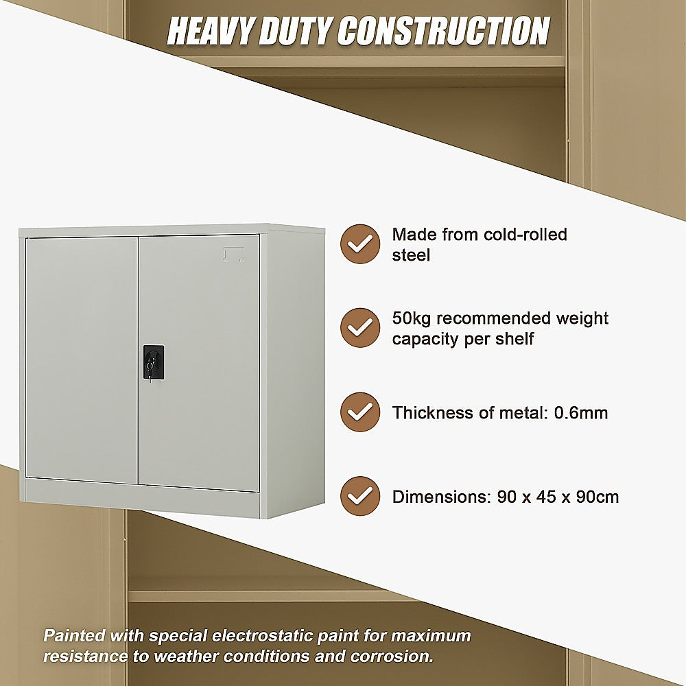 Two-Door Metal Short Cabinet Shelf Storage for Home Office - Grey - Cosy Abode