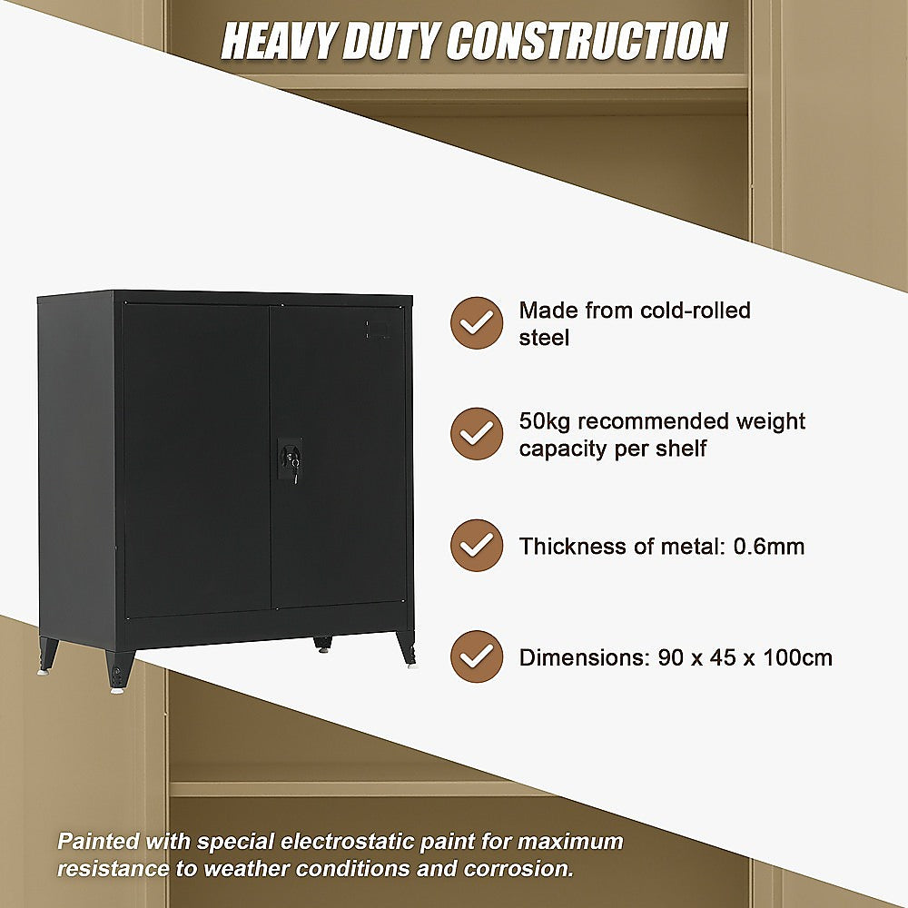 Two-Door Metal Short Cabinet Shelf Storage for Home Office with Legs - Black - Cosy Abode