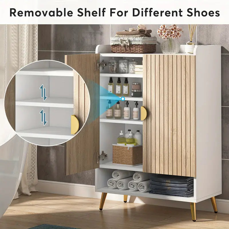 NNETMLT 7-Tier Shoe Storage Cabinet with Adjustable Shelves, Wood and Gold - Cosy Abode