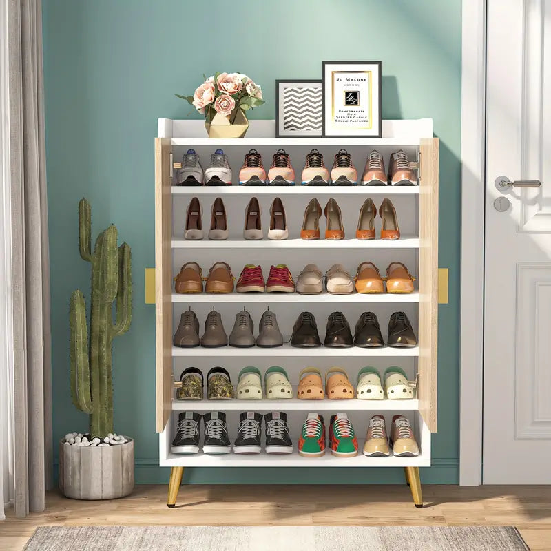 NNETMLT 7-Tier Shoe Storage Cabinet with Adjustable Shelves, Wood and Gold - Cosy Abode
