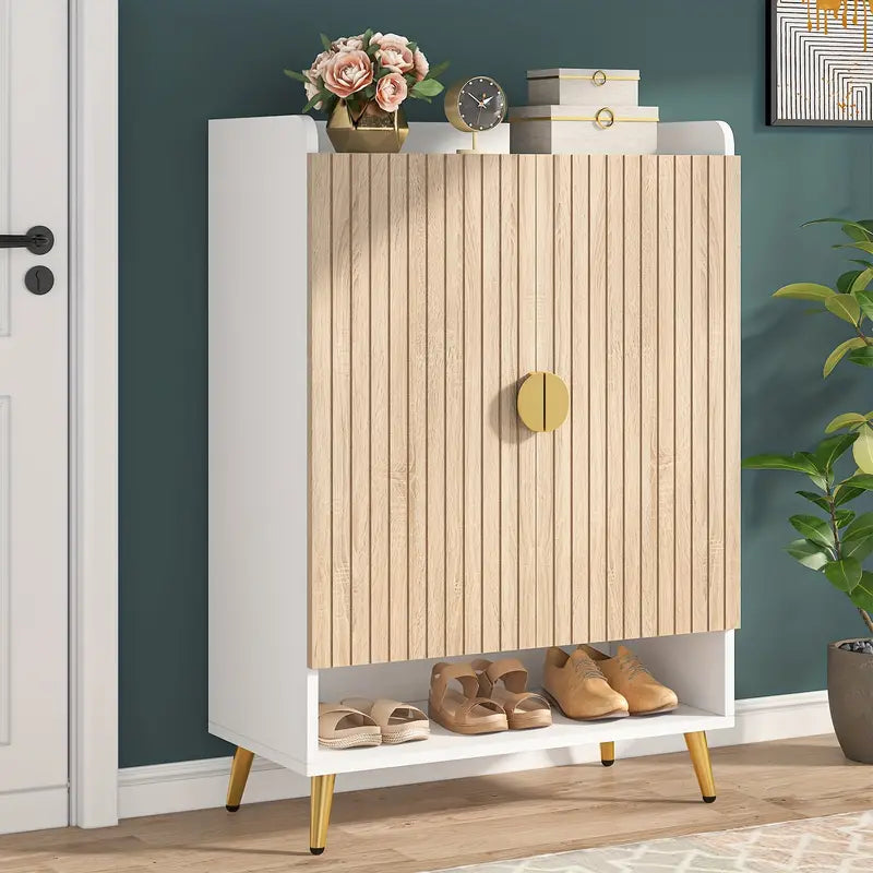 NNETMLT 7-Tier Shoe Storage Cabinet with Adjustable Shelves, Wood and Gold - Cosy Abode