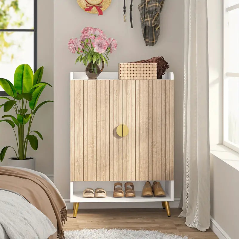 NNETMLT 7-Tier Shoe Storage Cabinet with Adjustable Shelves, Wood and Gold - Cosy Abode