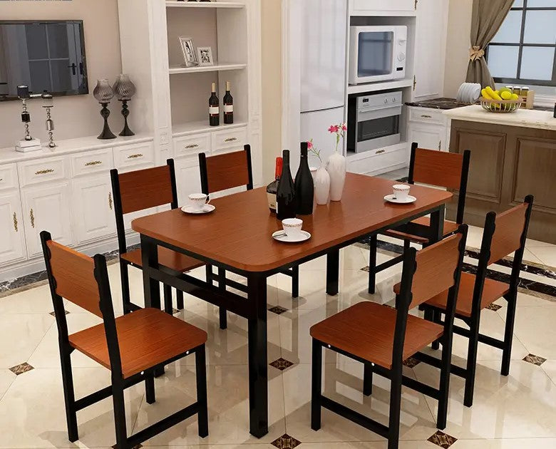 NNECN Wood & Steel Dining Set (Oak & Black) - Cosy Abode