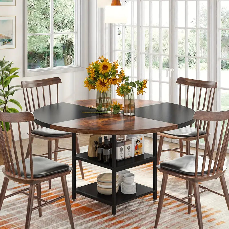 NNETMLT Round Breakfast Table with Shelves - Rustic Brown & Black - Cosy Abode