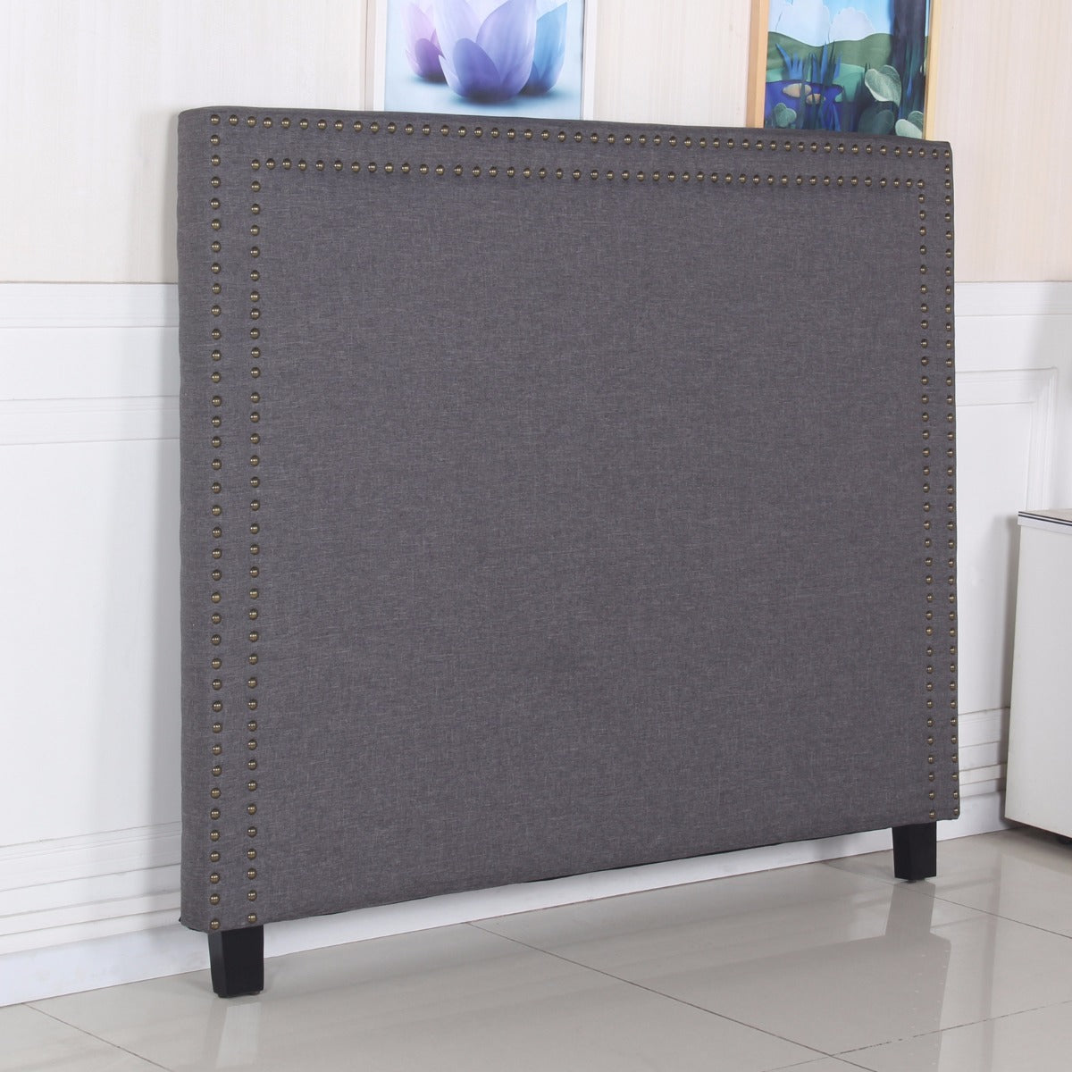 Bed Head Queen Charcoal Headboard Upholstery Fabric Studded Buttons - Cosy Abode