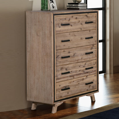 Tallboy with 5 Storage Drawers Solid Acacia Wooden Frame in Silver Brush Colour - Cosy Abode