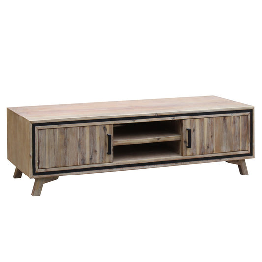TV Cabinet with 2 Storage Drawers Cabinet Solid Acacia Wooden Entertainment Unit in Sliver Bruch Colour - Cosy Abode