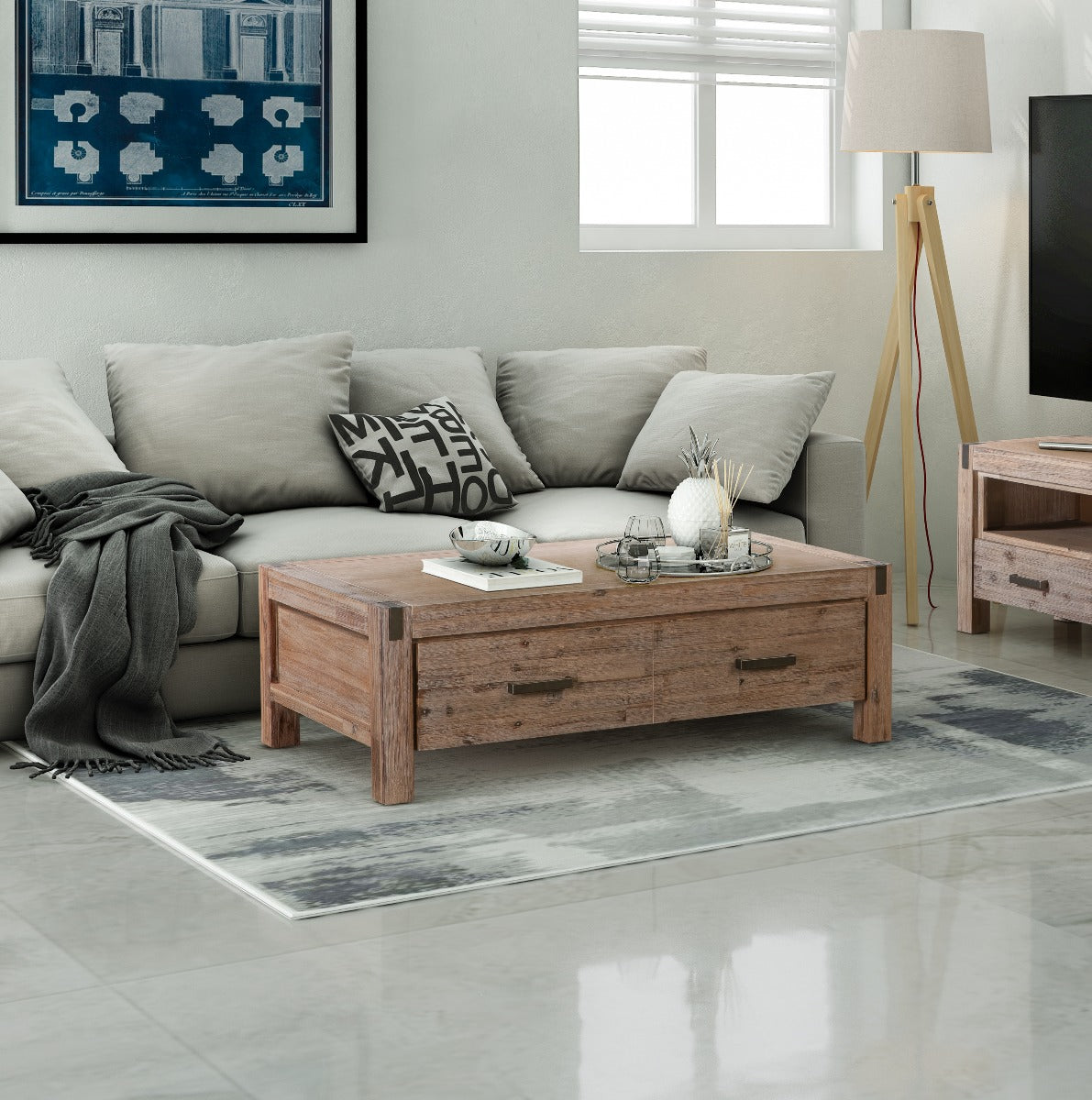 Coffee Table Solid Acacia Wood & Veneer Frame 2 Drawers Storage Oak Colour - Cosy Abode
