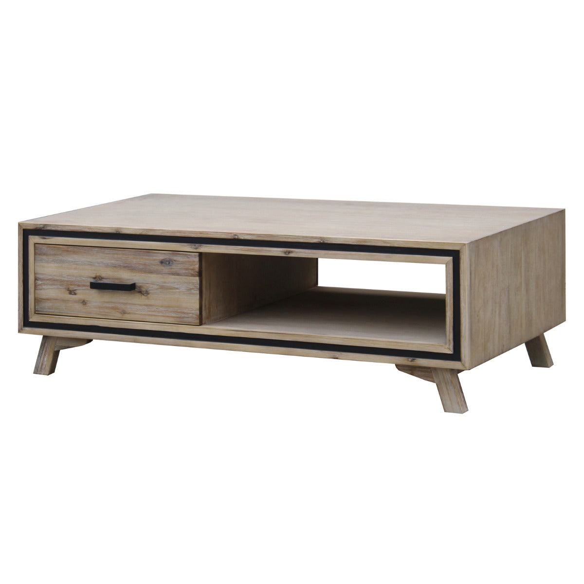 Coffee Table Solid Wood Acacia & Veneer Frame 2 Drawers Storage Sliver Brush Colour - Cosy Abode