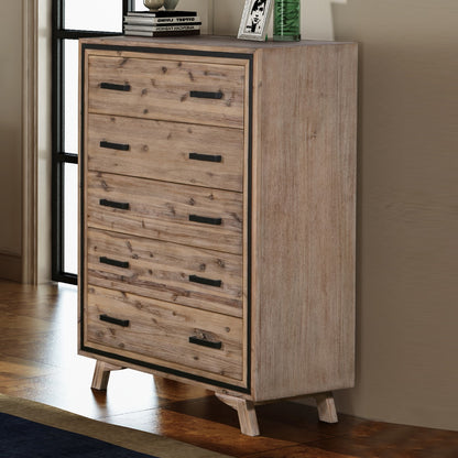 Tallboy with 5 Storage Drawers Solid Acacia Wooden Frame in Silver Brush Colour - Cosy Abode