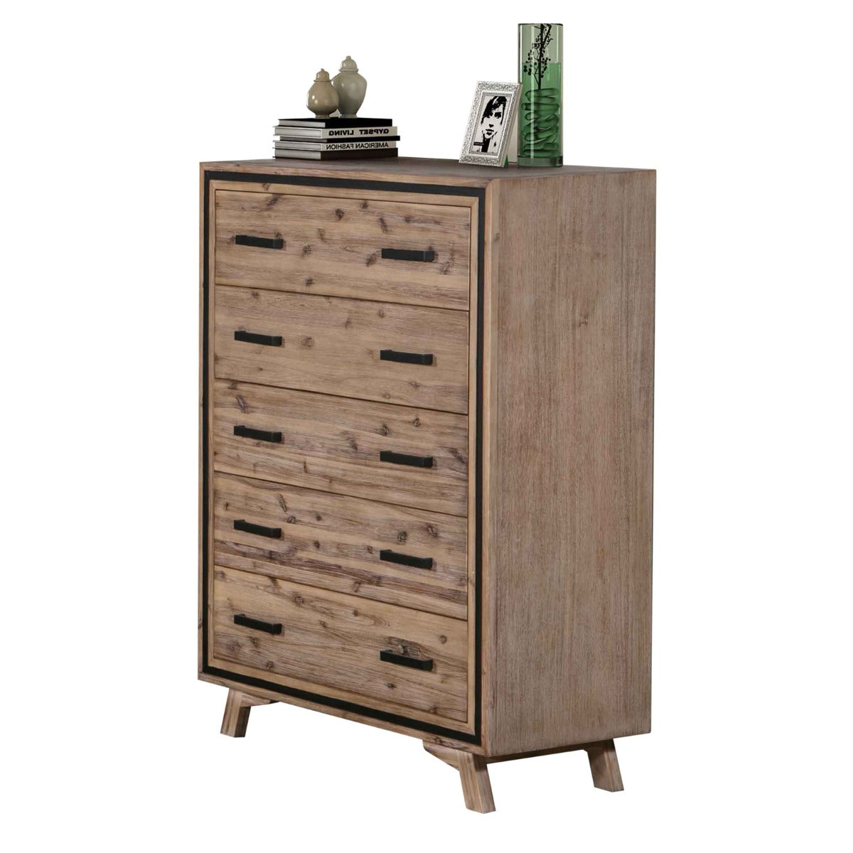 Tallboy with 5 Storage Drawers Solid Acacia Wooden Frame in Silver Brush Colour - Cosy Abode