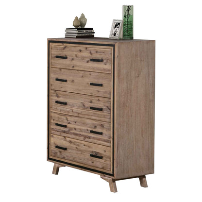 Tallboy with 5 Storage Drawers Solid Acacia Wooden Frame in Silver Brush Colour - Cosy Abode