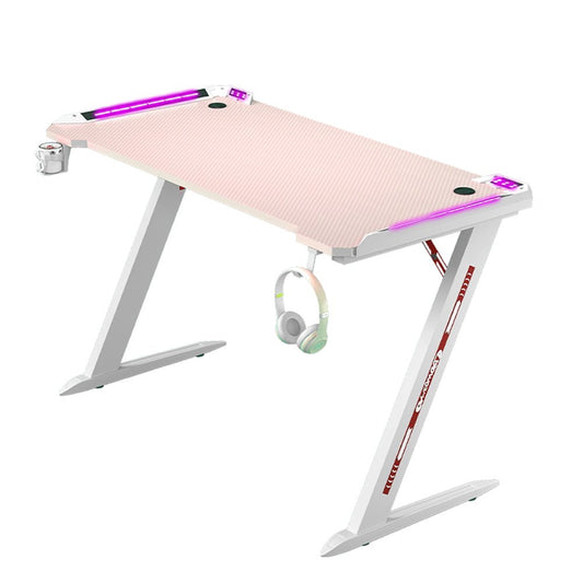120cm RGB Gaming Desk Home Office Carbon Fiber Led Lights Game Racer Computer PC Table Z-Shaped Pink - Cosy Abode