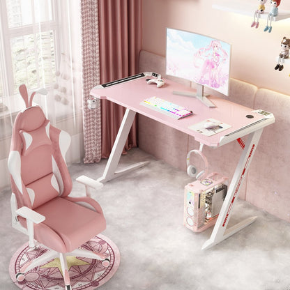120cm RGB Gaming Desk Home Office Carbon Fiber Led Lights Game Racer Computer PC Table Z-Shaped Pink - Cosy Abode