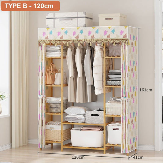 120cm Width Bamboo Clothes Rack Garment Closet Storage Organizer Hanging Rail Shelf Fabric Dustproof Cover - Cosy Abode