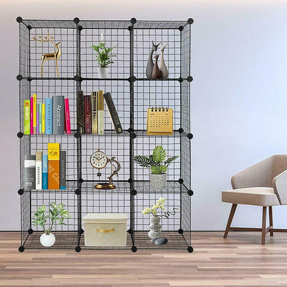 12 Cube Wire Grid Organiser Bookcase Storage Cabinet Wardrobe Closet Black - Cosy Abode