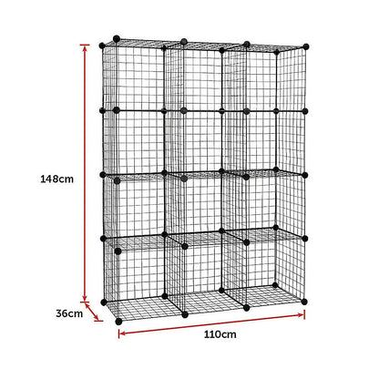 12 Cube Wire Grid Organiser Bookcase Storage Cabinet Wardrobe Closet Black - Cosy Abode