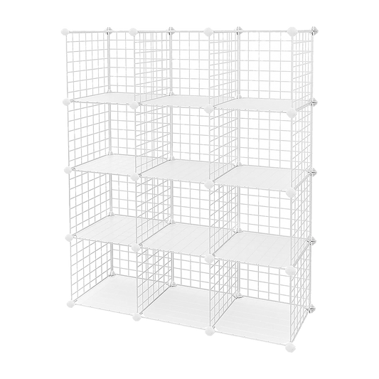 12 Cube Wire Grid Organiser Bookcase Storage Cabinet Wardrobe Closet White - Cosy Abode