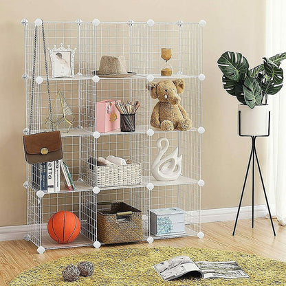 12 Cube Wire Grid Organiser Bookcase Storage Cabinet Wardrobe Closet White - Cosy Abode