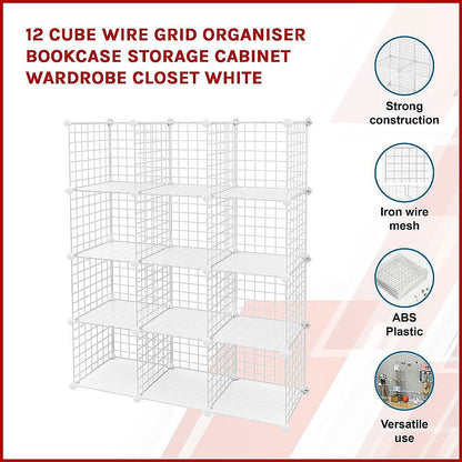 12 Cube Wire Grid Organiser Bookcase Storage Cabinet Wardrobe Closet White - Cosy Abode