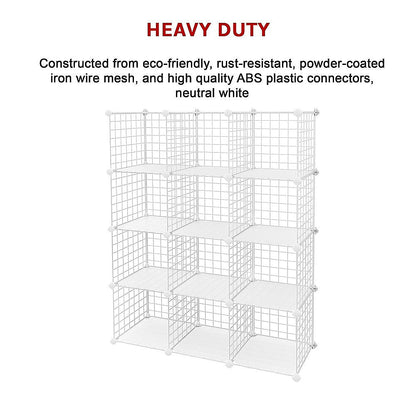 12 Cube Wire Grid Organiser Bookcase Storage Cabinet Wardrobe Closet White - Cosy Abode