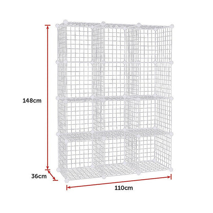 12 Cube Wire Grid Organiser Bookcase Storage Cabinet Wardrobe Closet White - Cosy Abode