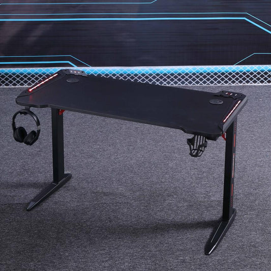 140cm RGB Gaming Desk Home Office Carbon Fiber Led Lights Game Racer Computer PC Table L-Shaped Black - Cosy Abode