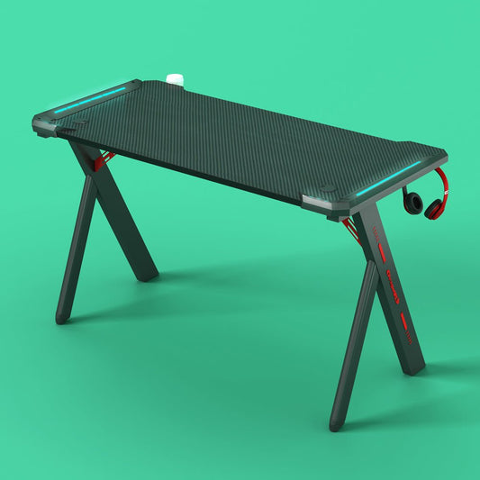 140cm RGB Gaming Desk Home Office Carbon Fiber Led Lights Game Racer Computer PC Table Y-Shaped Black - Cosy Abode