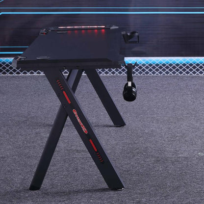 140cm RGB Gaming Desk Home Office Carbon Fiber Led Lights Game Racer Computer PC Table Y-Shaped Black - Cosy Abode