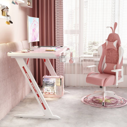 140cm RGB Gaming Desk Home Office Carbon Fiber Led Lights Game Racer Computer PC Table Z-Shaped Pink - Cosy Abode